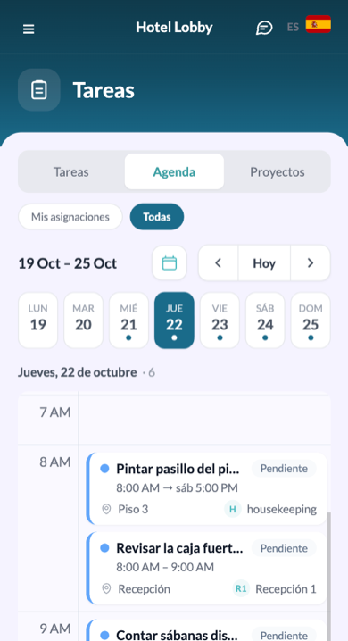 Agenda de la app móvil con la tira de la semana y las horas del día