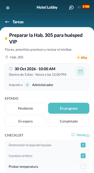 Detalle de una tarea en la app móvil con los botones de estado y el checklist