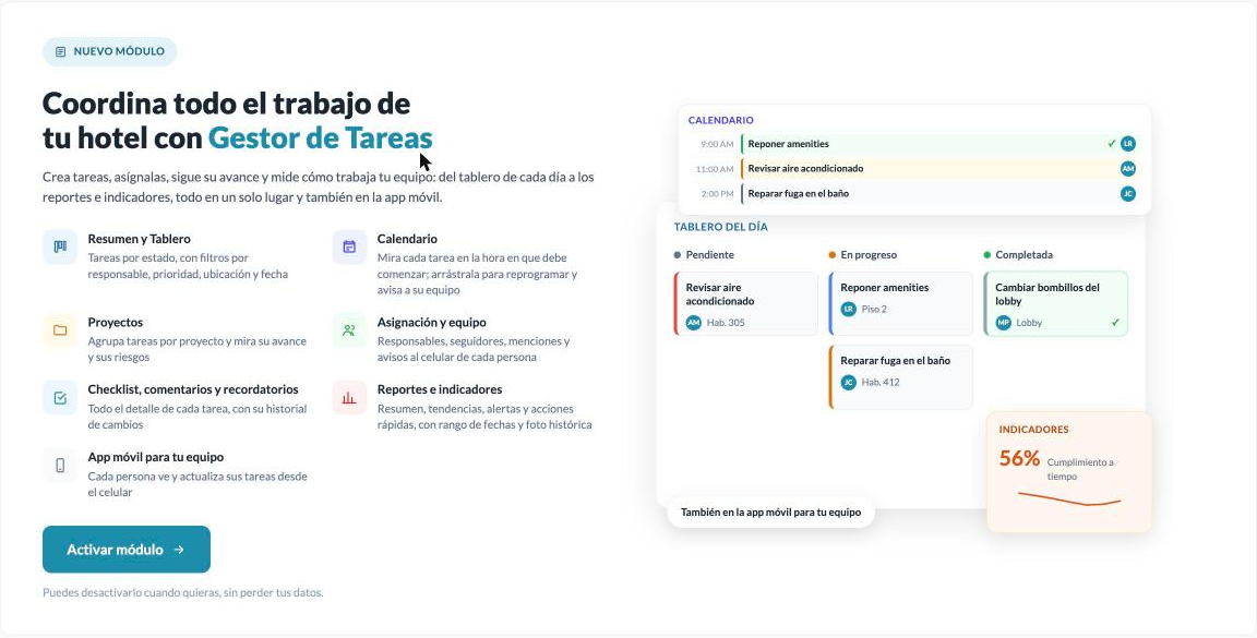 Pantalla de bienvenida del Gestor de Tareas con el botón Activar módulo