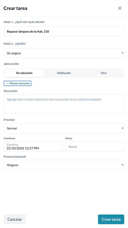 Panel Crear tarea con sus dos pasos