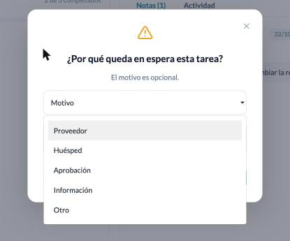 Ventana para poner una tarea en espera con su motivo